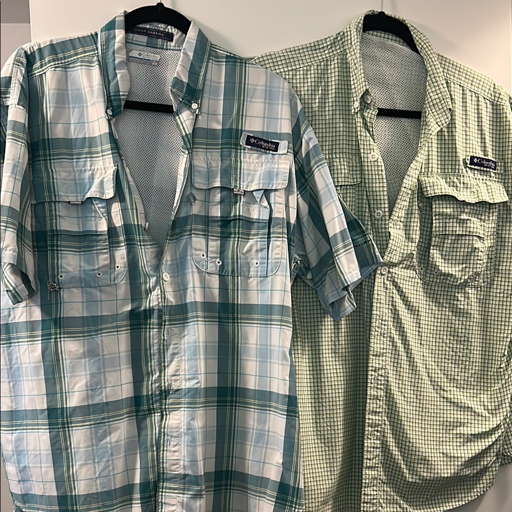 Columbia Men's Casual Plaid And Checkered Shirts - White And Green Medium